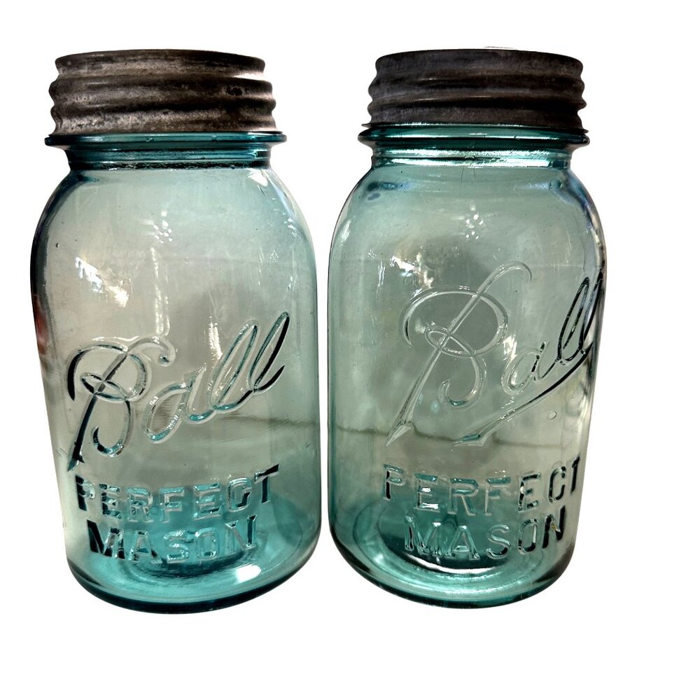VTG set of 2 #5 Ball Blue Glass Quart Canning Mason Jars with Zinc Covers